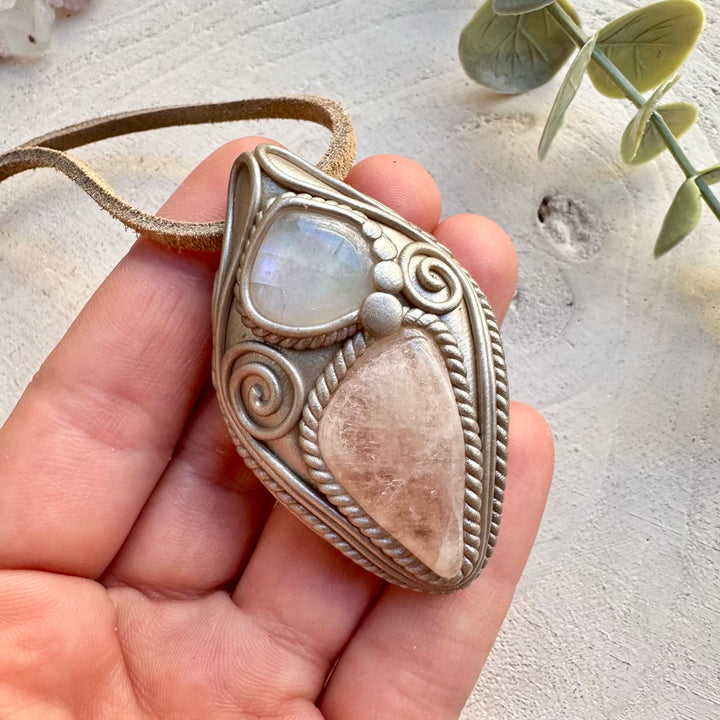 Unique morganite pink beryl crystal pendant necklace