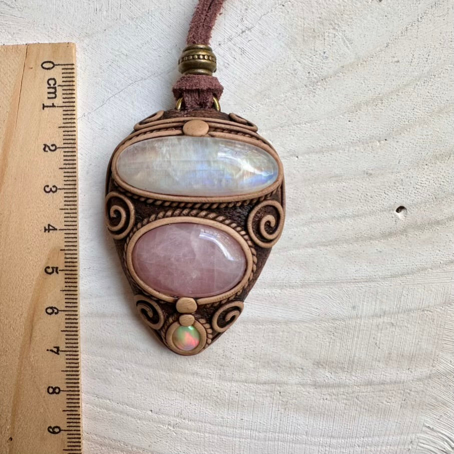 Unique gemstone necklace with rainbow moonstone rose quartz and Ethiopian opal