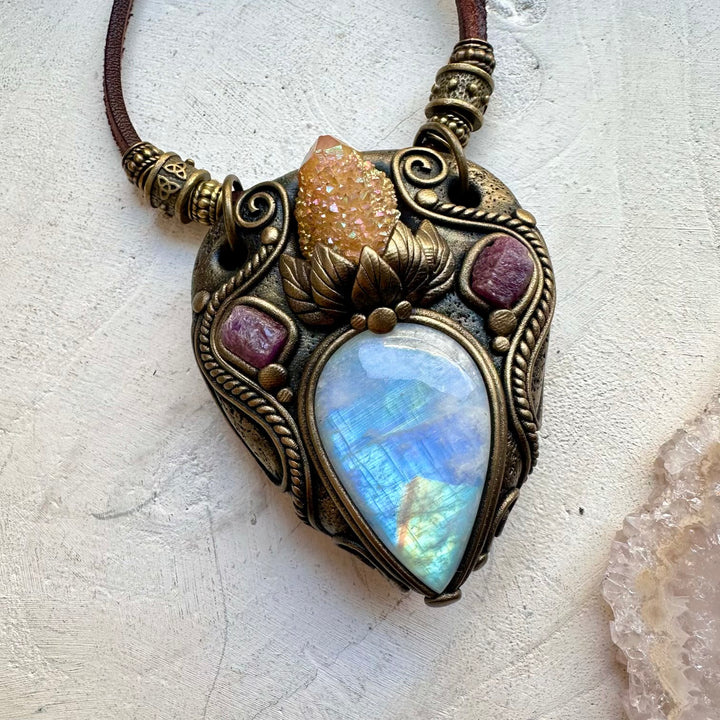 Unique rainbow moonstone and sunset aura quartz crystal pendant necklace