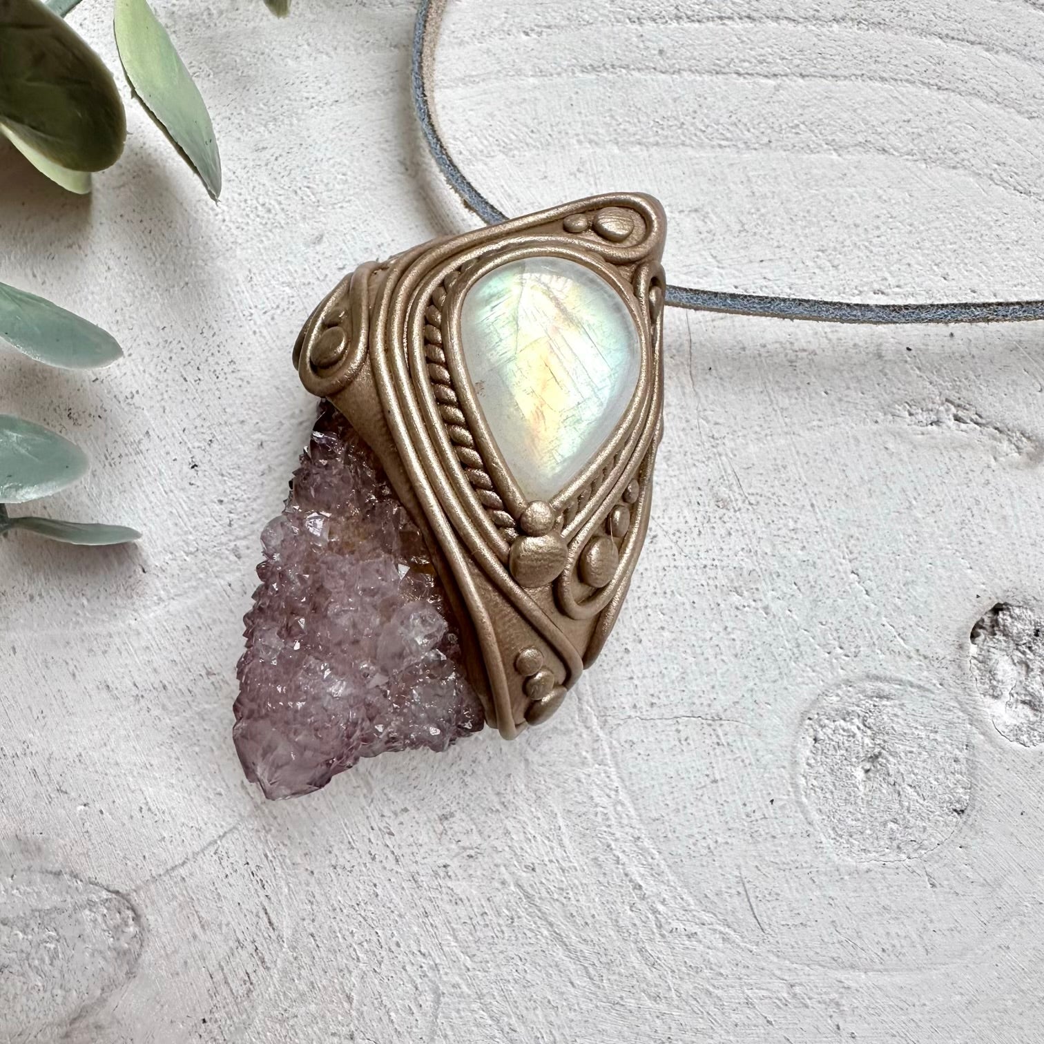 Handmade necklace with spirit quartz and rainbow moonstone