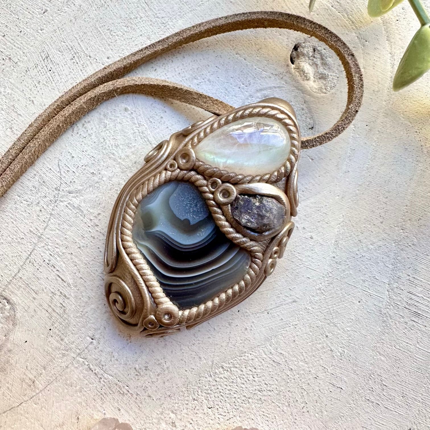 Natural gemstone necklace with Botswana agate and moonstone