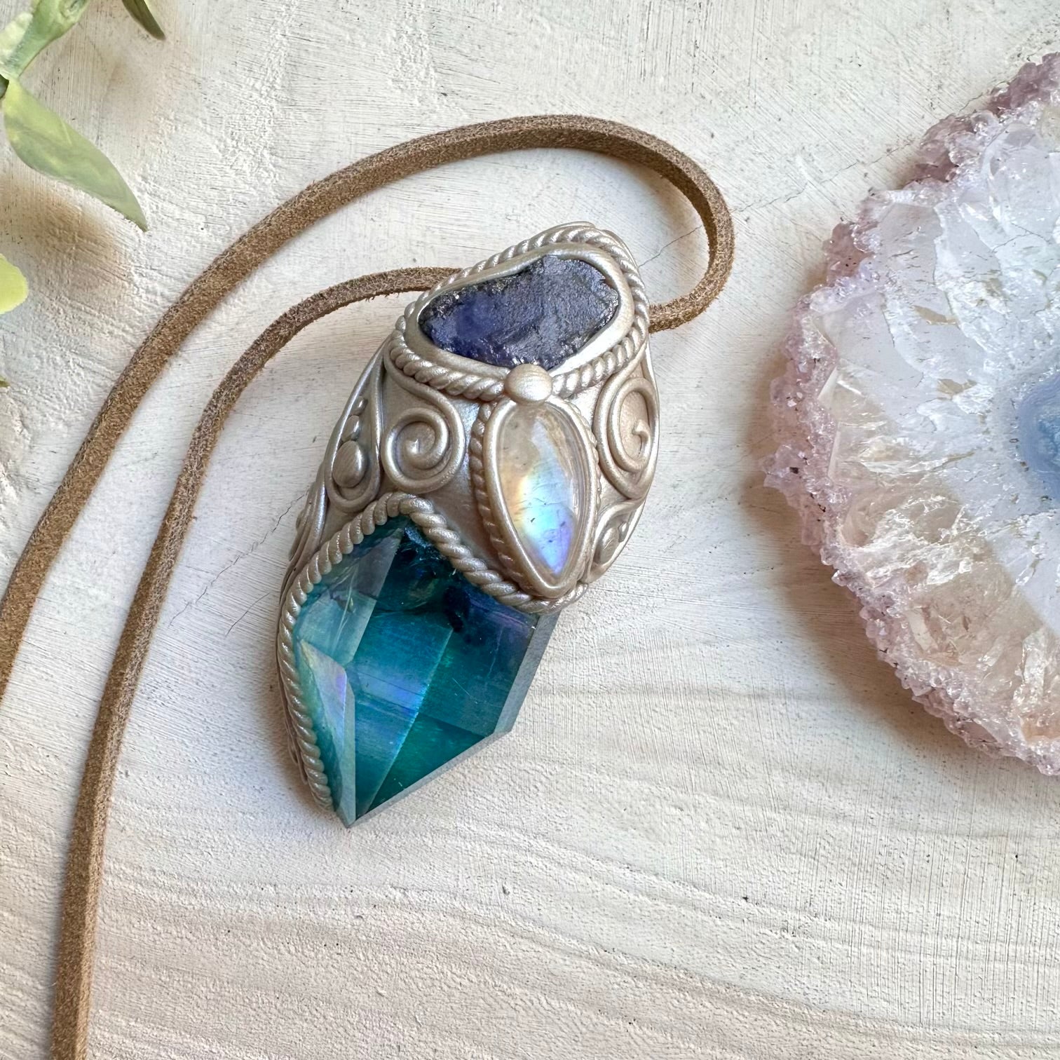 Handmade spiritual talisman necklace with aqua aura quartz