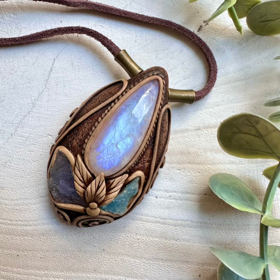 Handmade spiritual jewelry necklace with moonstone tanzanite and aquamarine