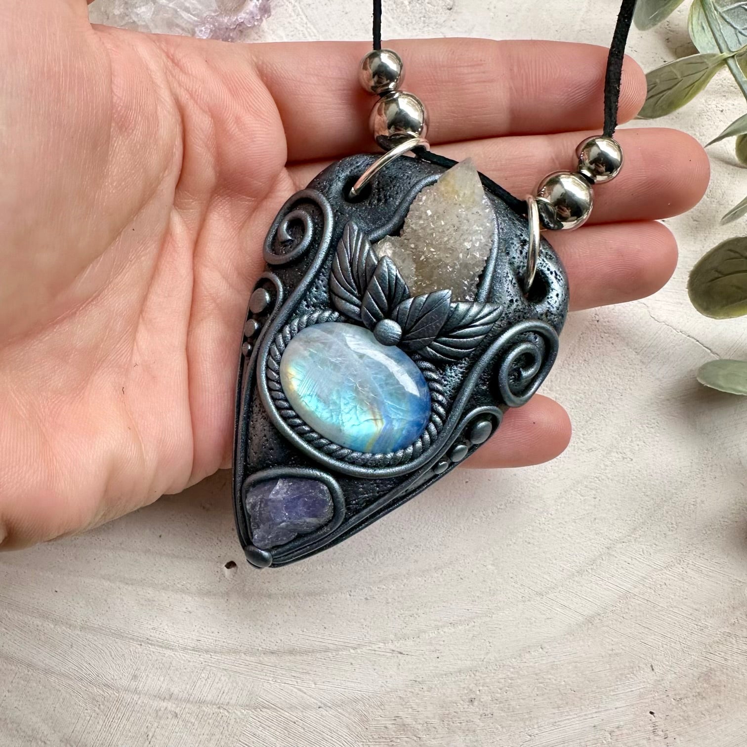 Healing crystal pendant with moonstone tanzanite and quartz