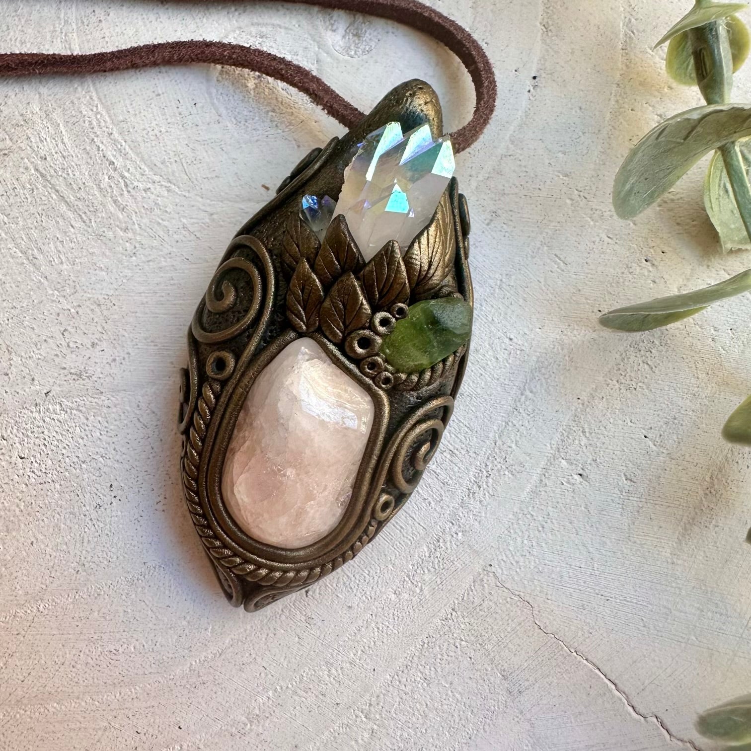 Morganite angel aura quartz and peridot necklace