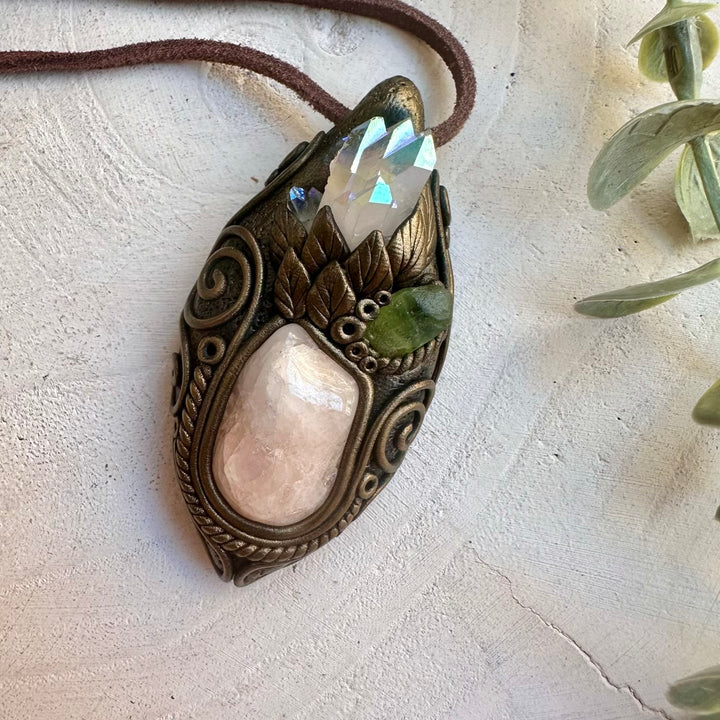 Morganite angel aura quartz and peridot necklace