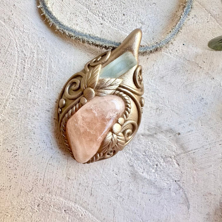 Healing crystal necklace fantasy jewelry morganite aquamarine pendant