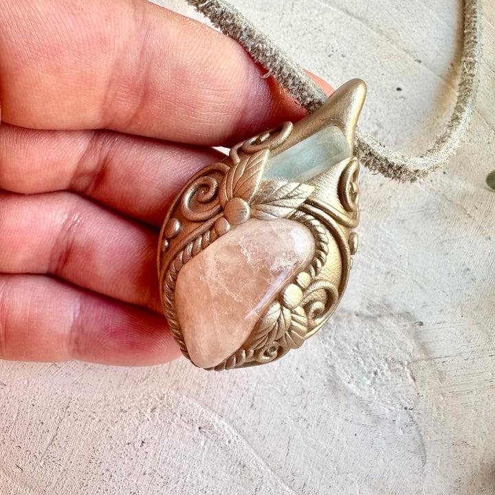 Crystal talisman necklace with morganite and aquamarine healing stones
