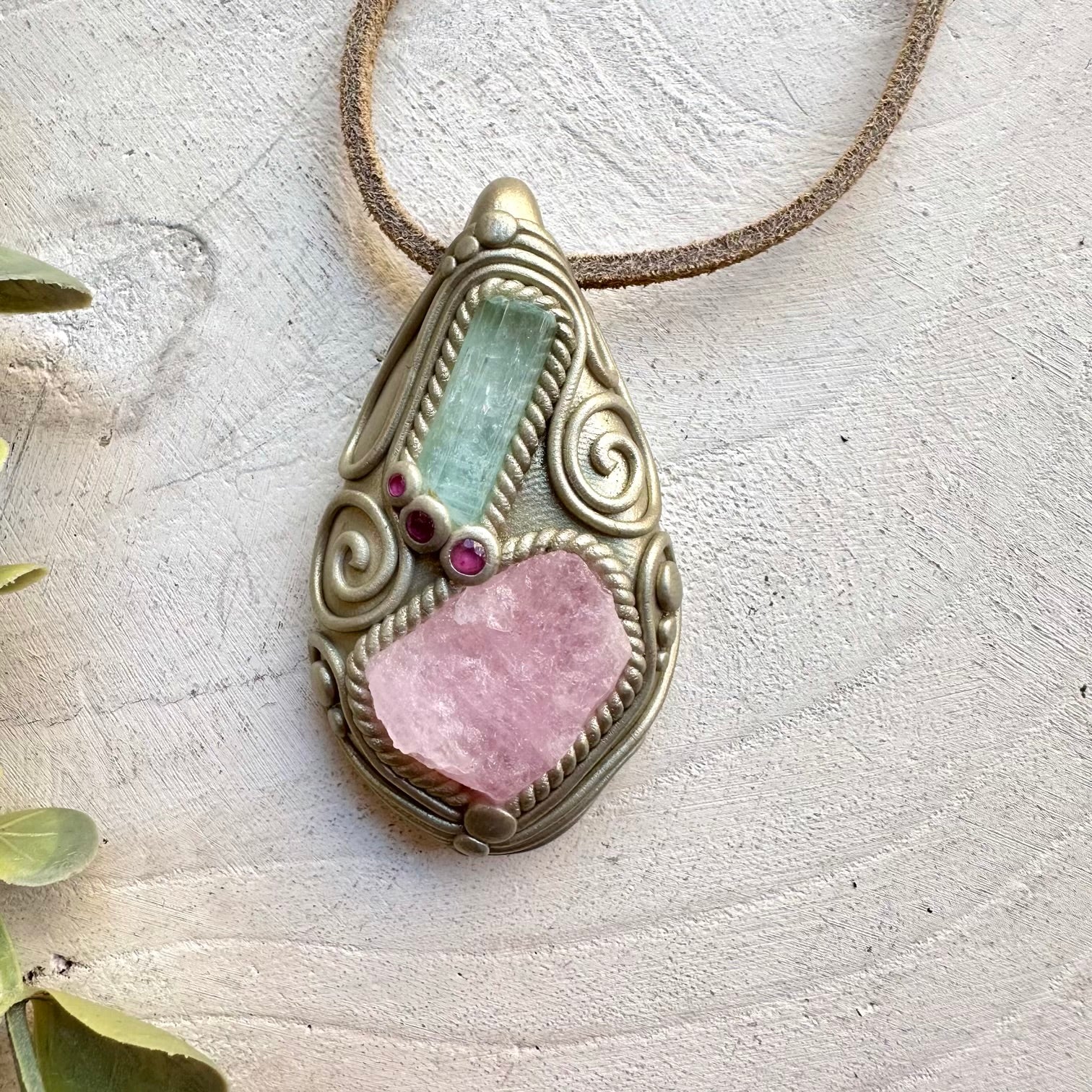 Handmade necklace with morganite aquamarine and ruby gemstones