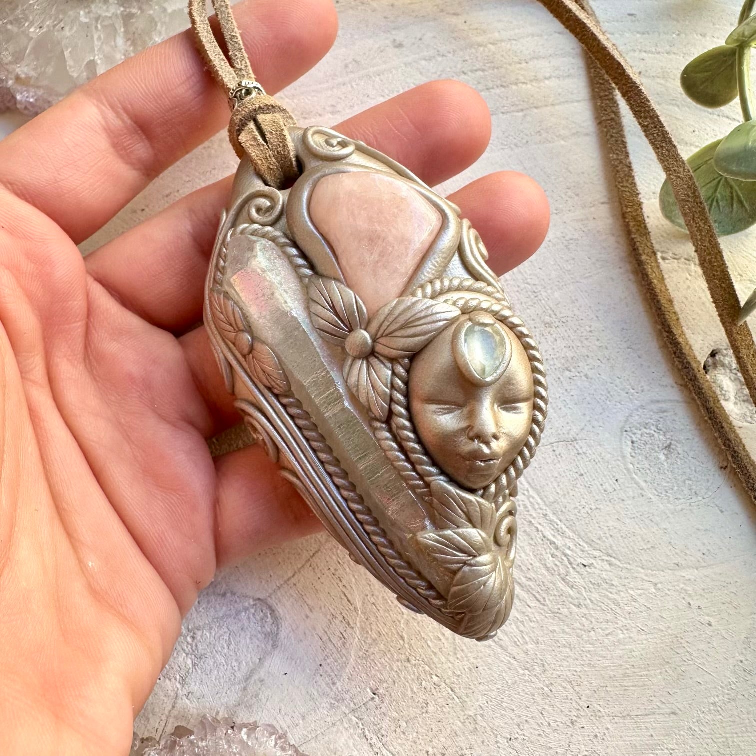 Handmade necklace with angel aura quartz and morganite