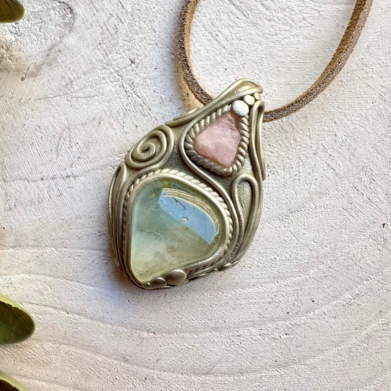 Handmade necklace with blue topaz and morganite gemstone