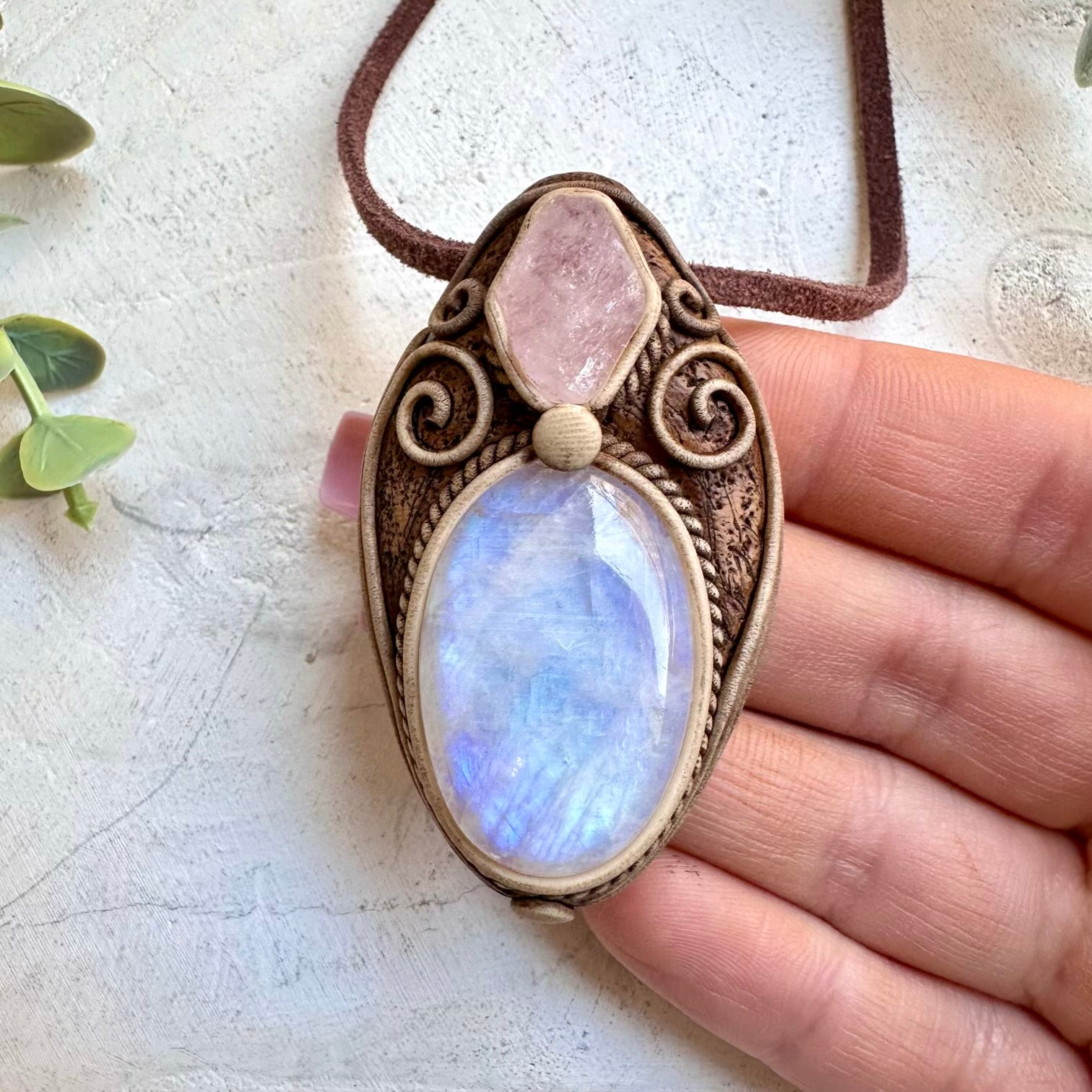 Handmade talisman necklace with moonstone and pink beryl