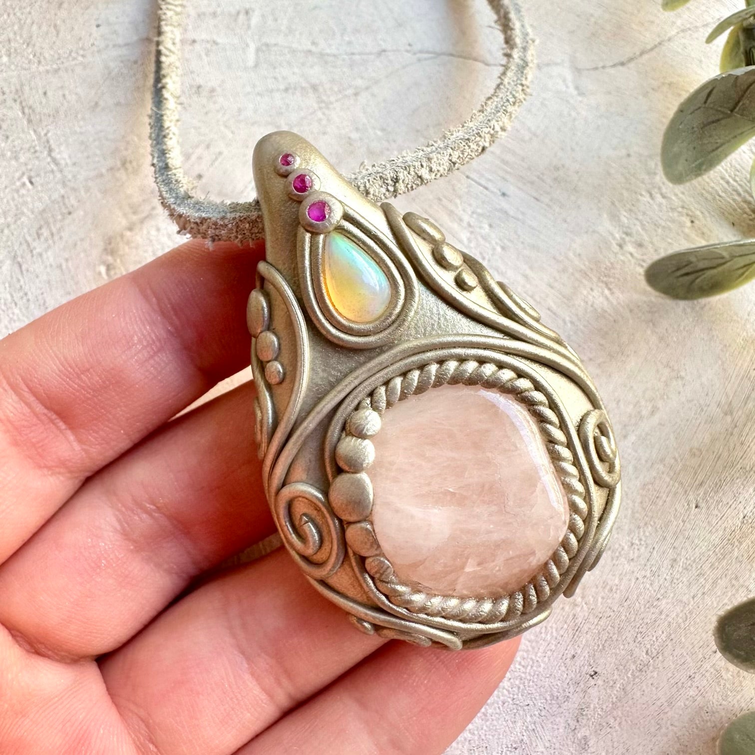 Spiritual gemstone jewelry handcrafted with Morganite, Ethiopian Opal and Ruby.