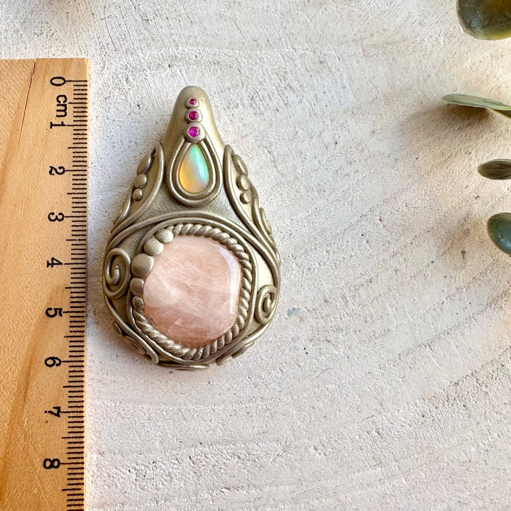 Handmade pendant necklace featuring Morganite, Ethiopian Opal and Ruby gemstones.