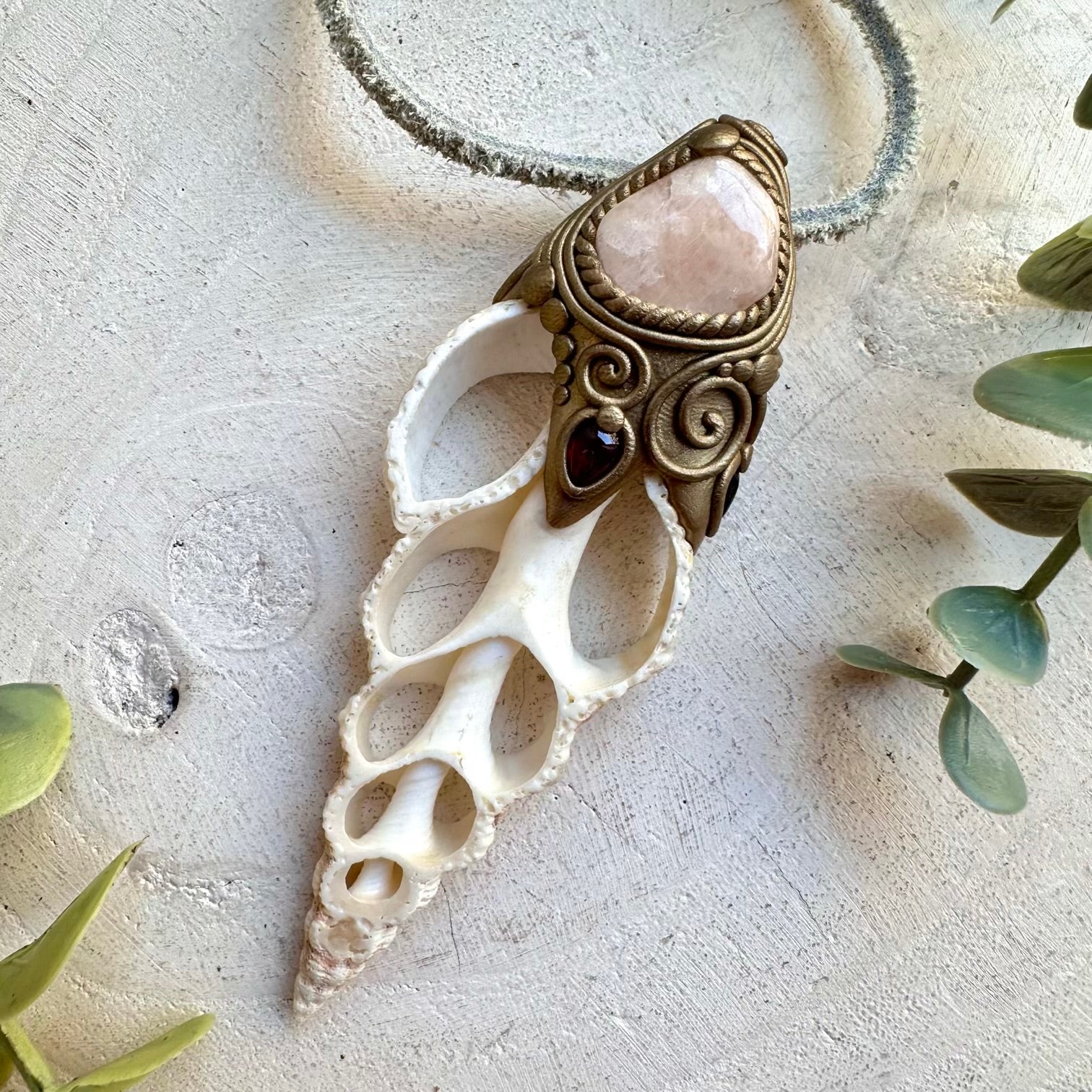 Ocean heart crystal talisman necklace seashell morganite garnet gemstones