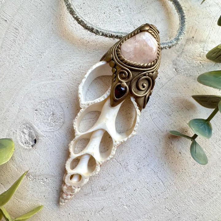 Ocean heart crystal talisman necklace seashell morganite garnet gemstones