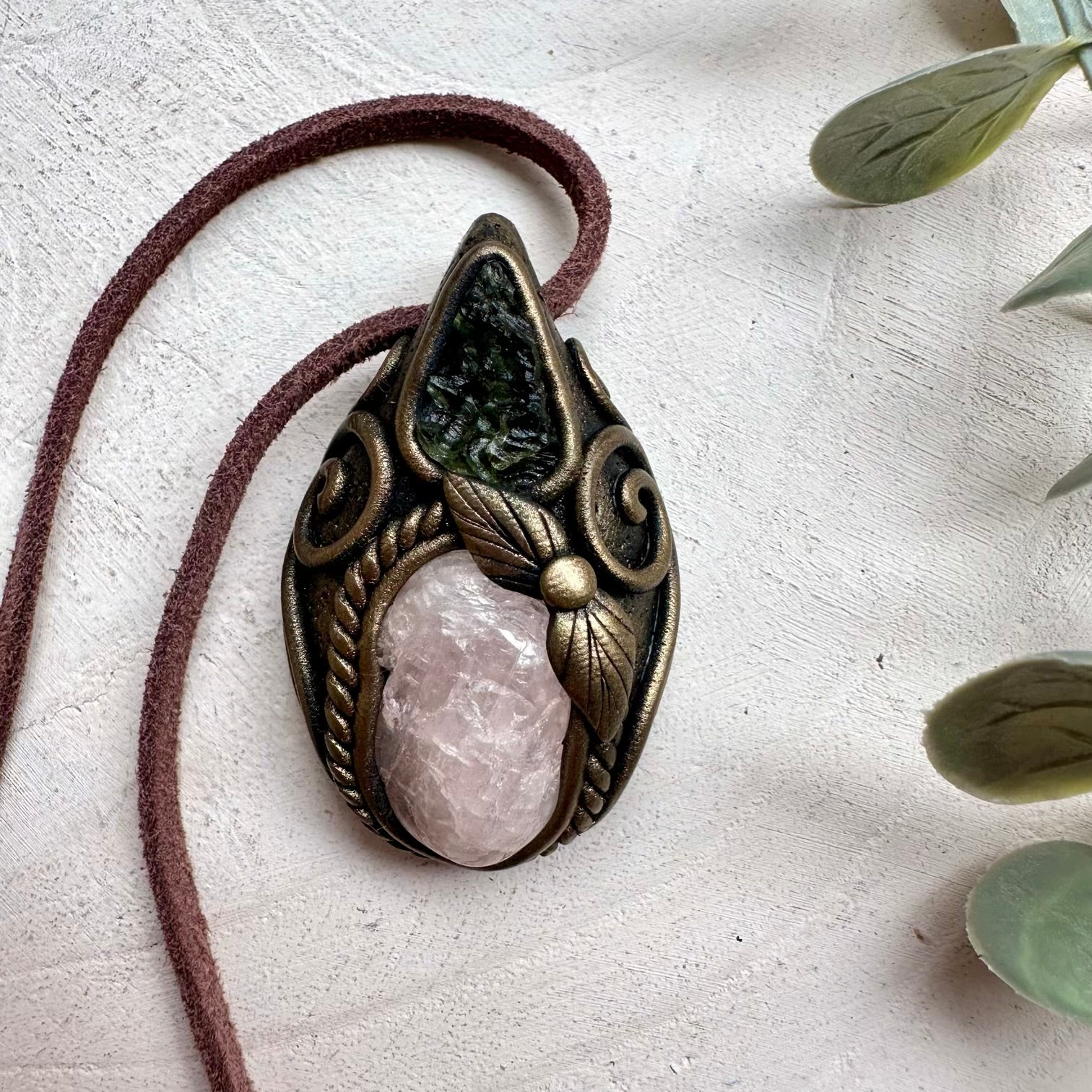 Handmade necklace with morganite and moldavite