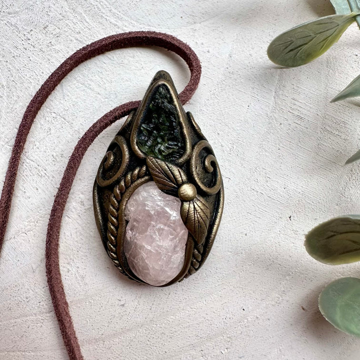 Handmade necklace with morganite and moldavite
