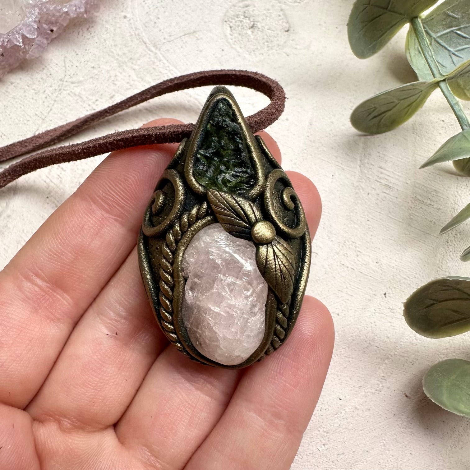 Morganite and moldavite pendant necklace
