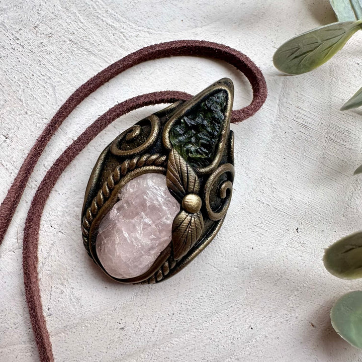 Morganite and moldavite unisex spiritual jewelry