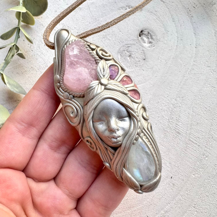 Handmade spiritual pendant goddess necklace with morganite and pink tourmaline