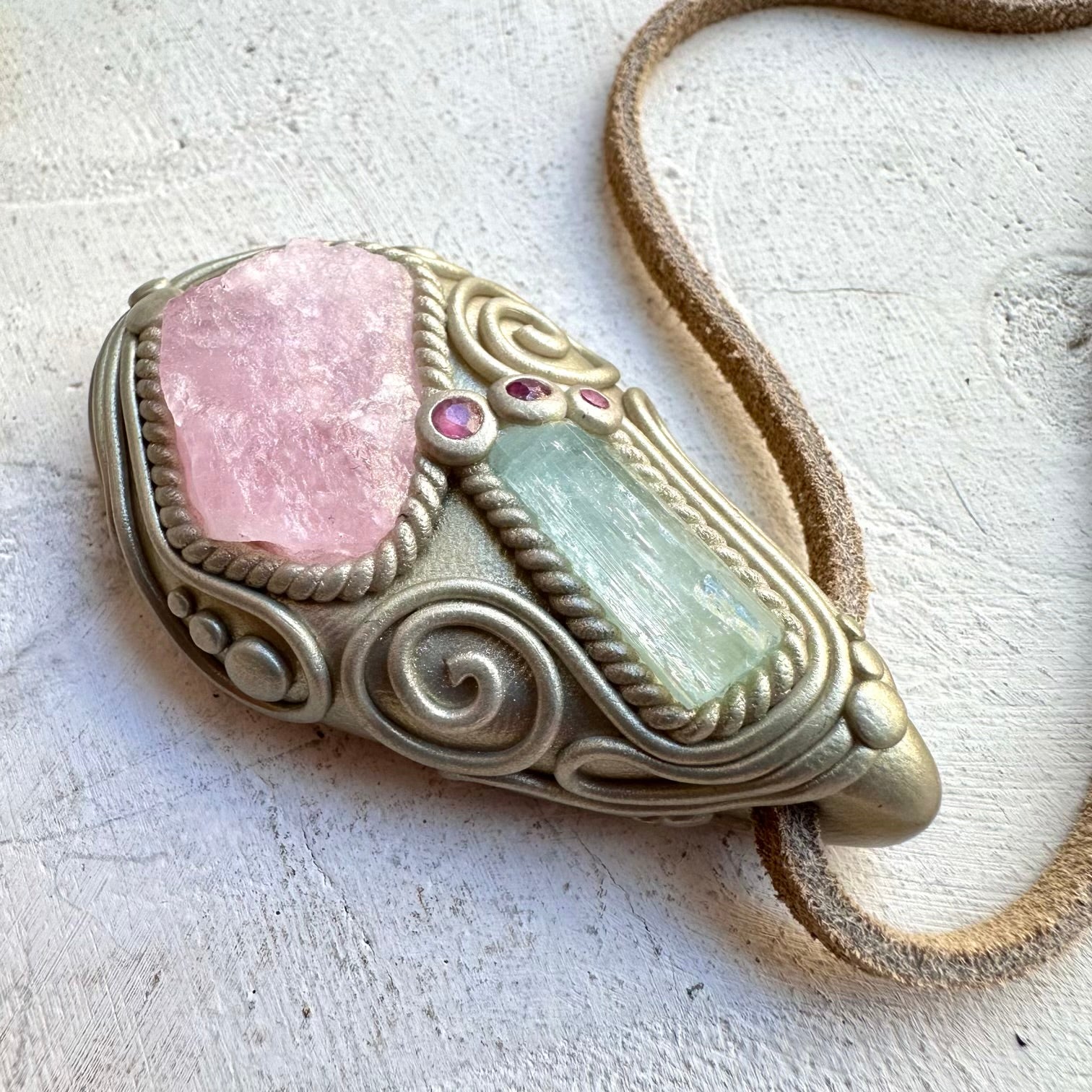 Spiritual jewelry combining morganite aquamarine and ruby