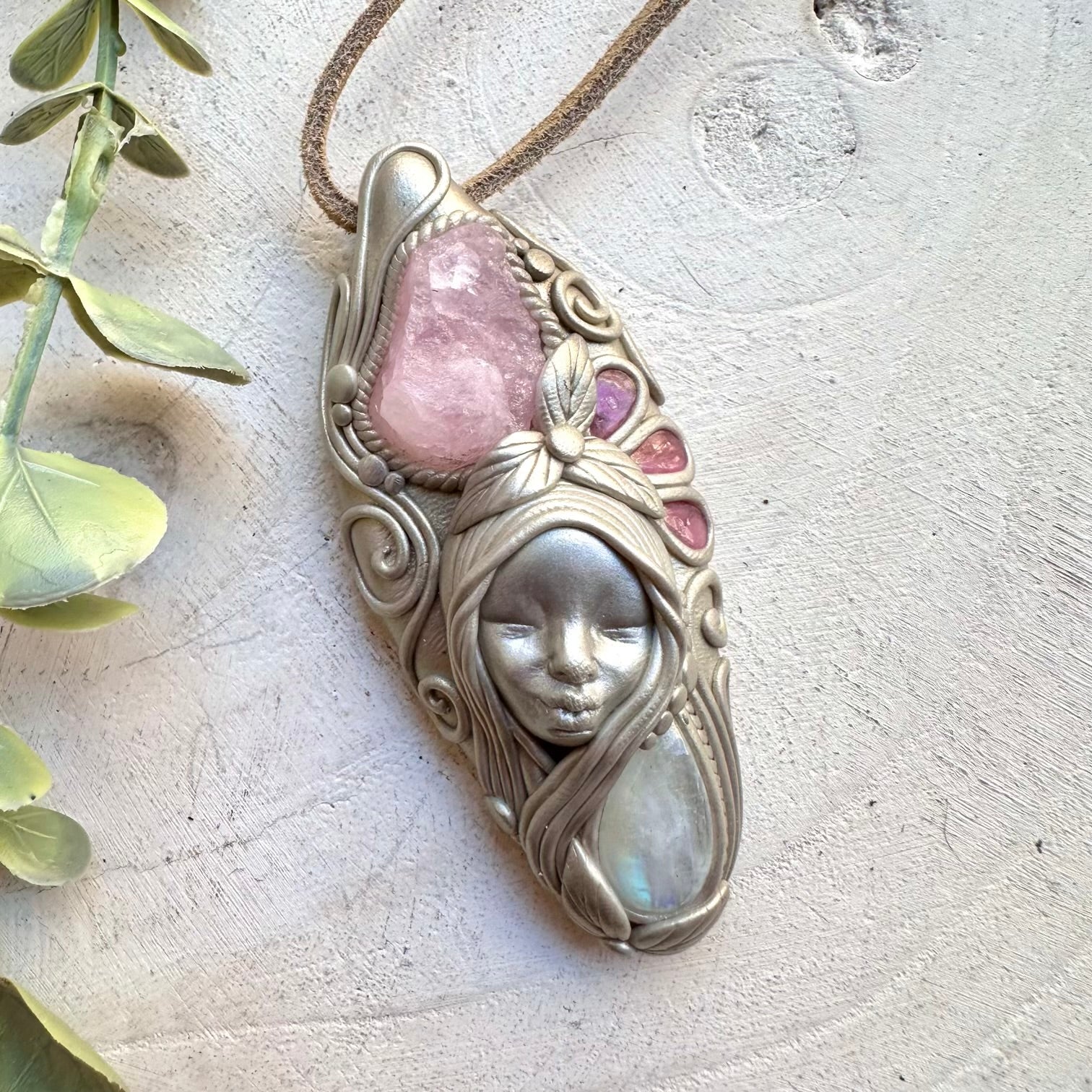 Handmade goddess necklace with morganite pink tourmaline and moonstone