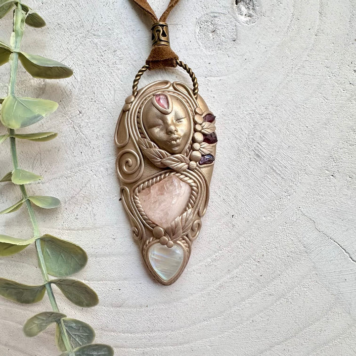 Handmade goddess necklace with moonstone morganite and pink tourmaline