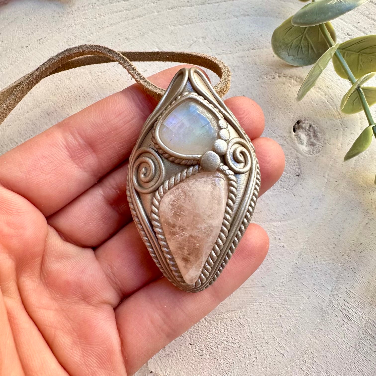 Morganite and rainbow moonstone necklace