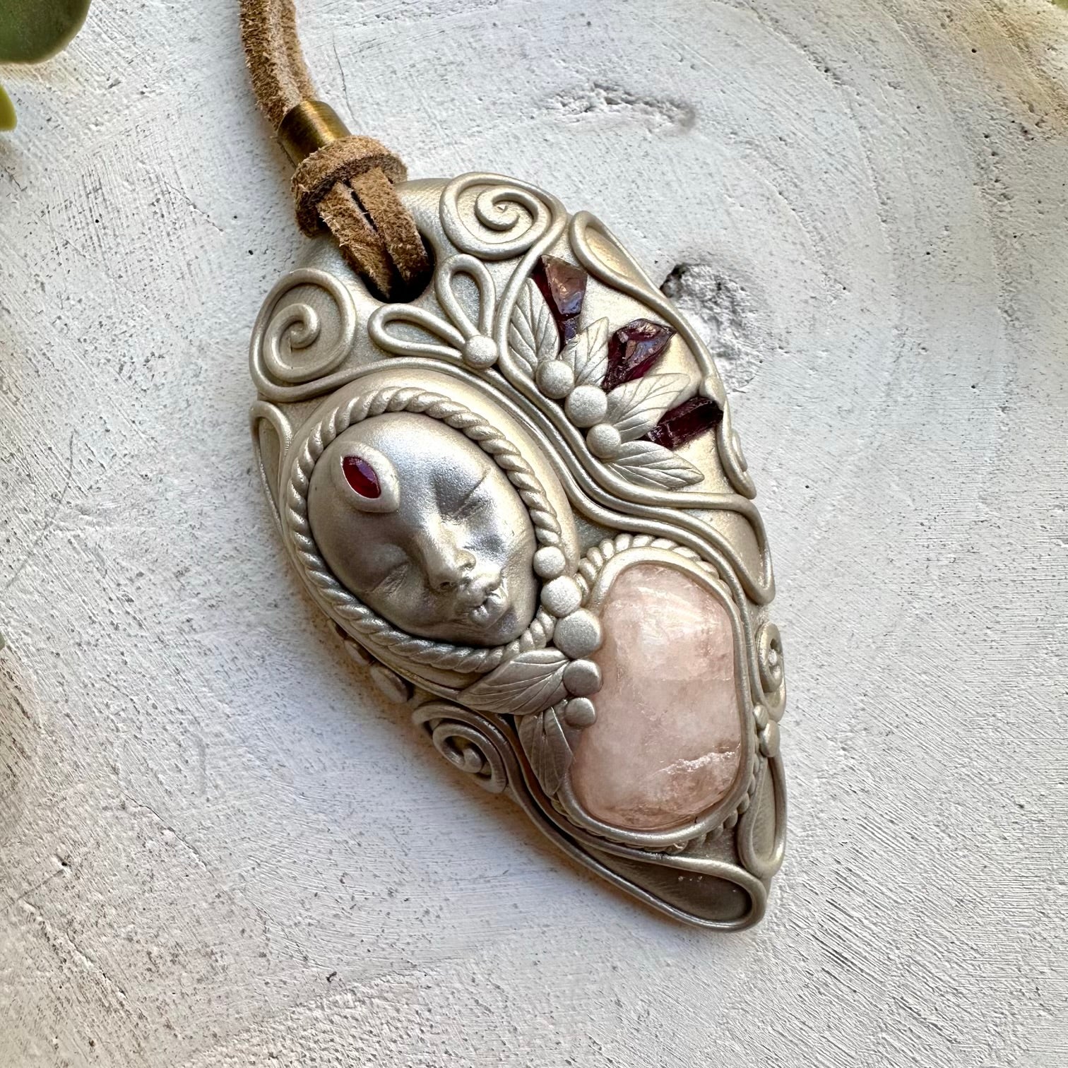 Handmade goddess necklace with morganite ruby and garnet gemstones