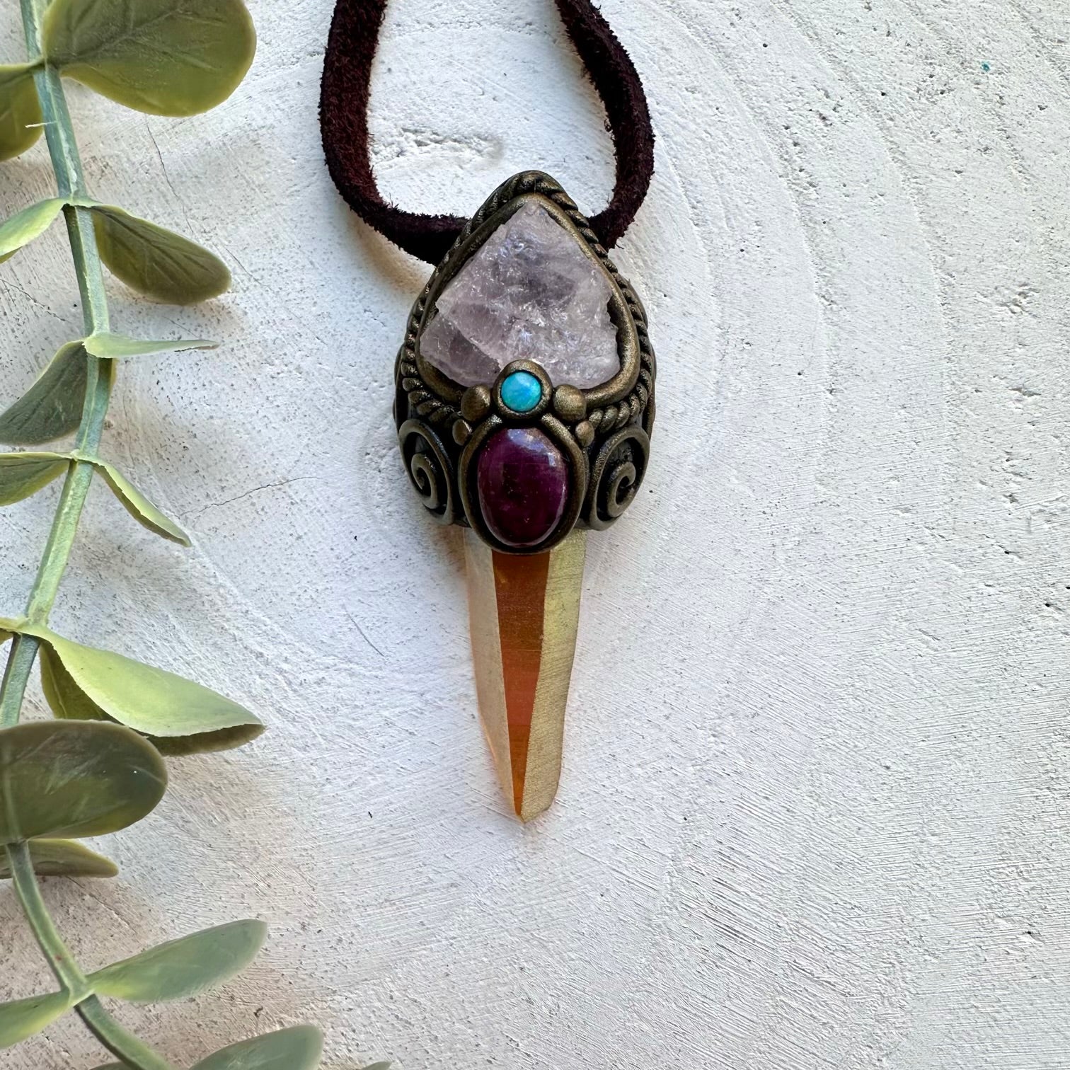 Handmade necklace with aura quartz morganite ruby and opal