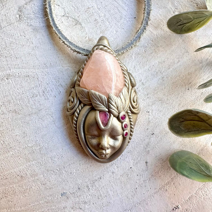 Handmade Morganite Goddess necklace featuring Ruby and Pink Tourmaline, a one of a kind spiritual gemstone jewelry piece combining delicate pink tones with vibrant red accents.