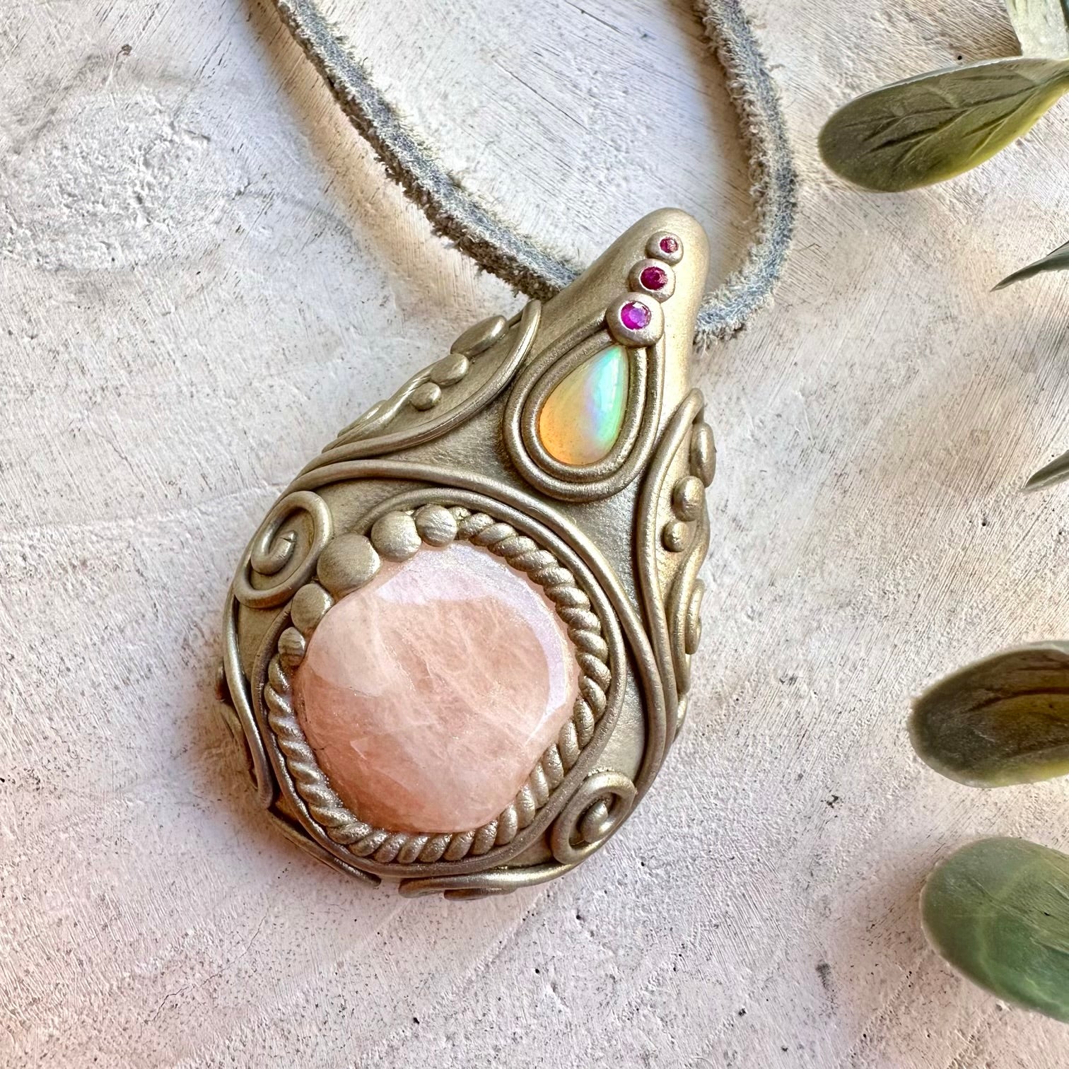 Natural gemstone jewelry handcrafted with Morganite, Ethiopian Opal and Ruby.
