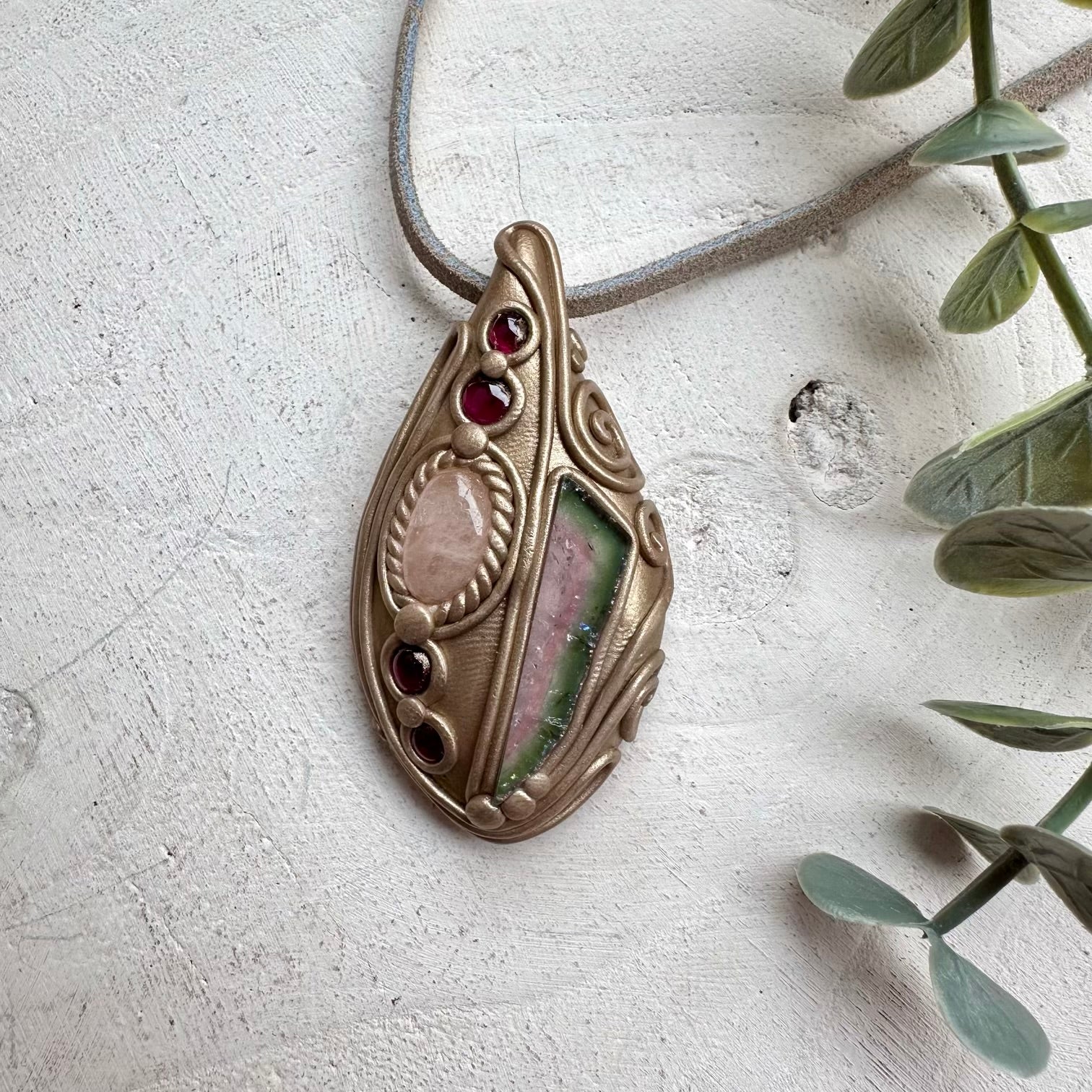 Handmade talisman necklace with watermelon tourmaline crystal