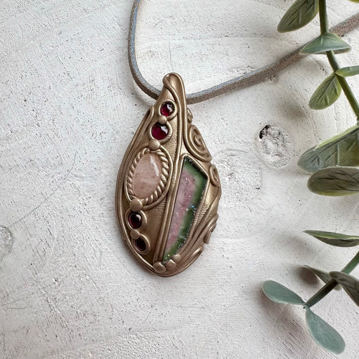 Handmade talisman necklace with watermelon tourmaline crystal
