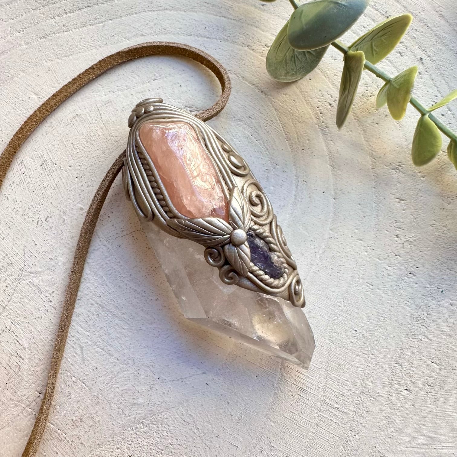 Handmade crystal wand pendant with quartz morganite and tanzanite