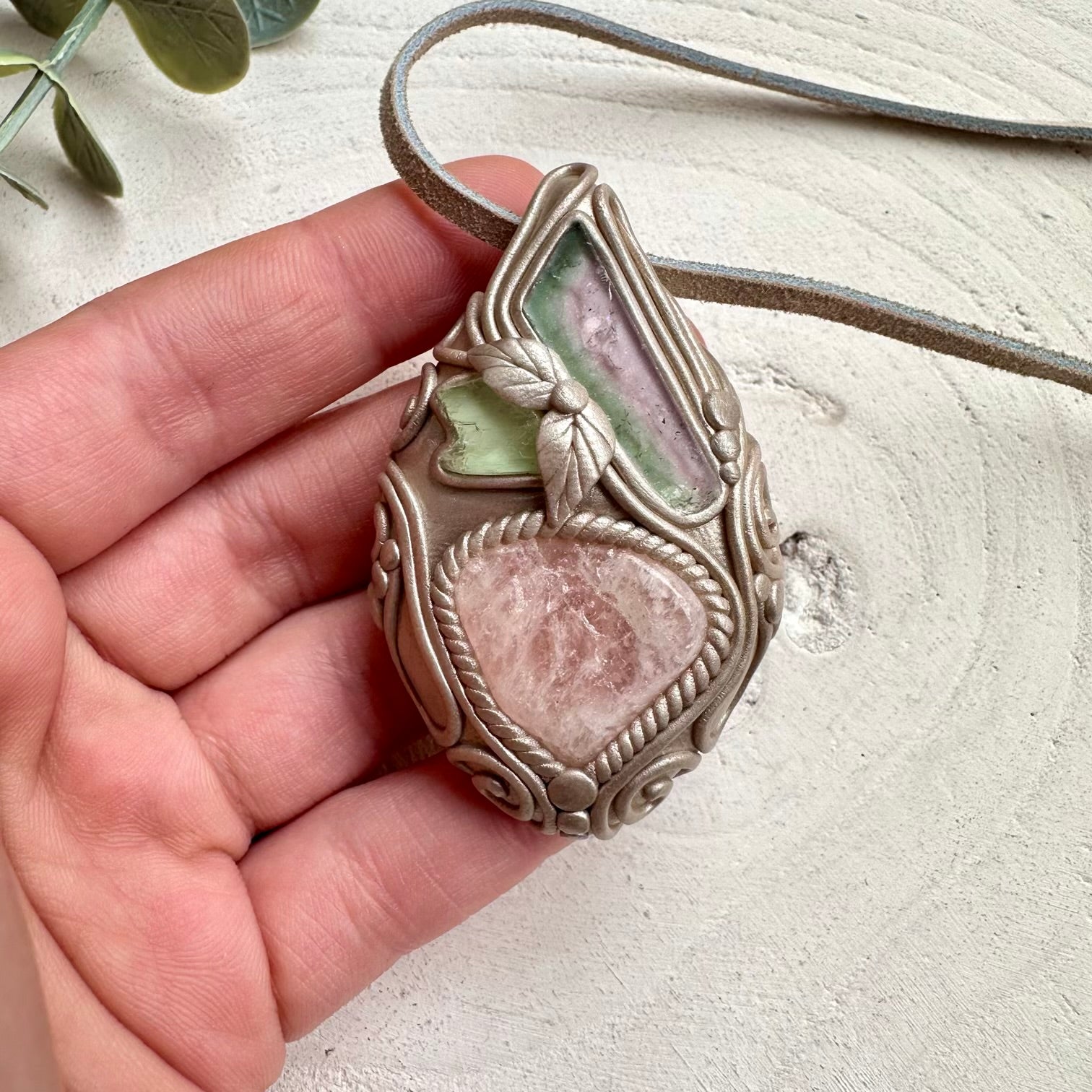 Morganite with watermelon tourmaline and hiddenite necklace