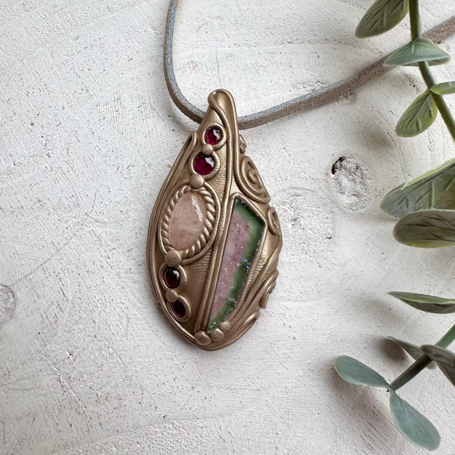 Handmade necklace with watermelon tourmaline and morganite gemstones