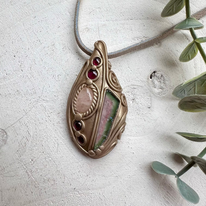 Handmade necklace with watermelon tourmaline and morganite gemstones