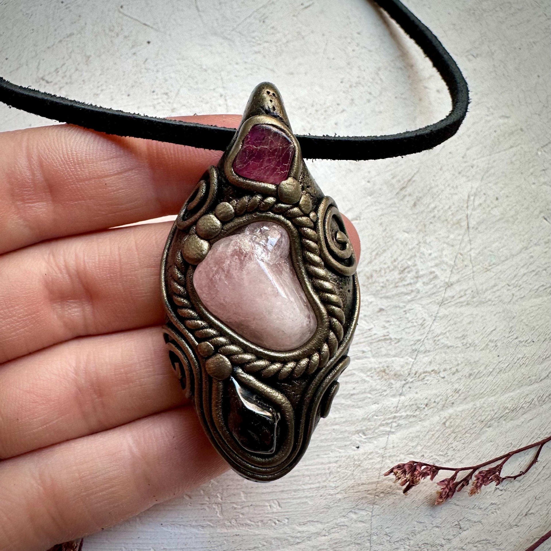 Morganite Pink Tourmaline and Red Garnet Necklace - FairyGardenGlow