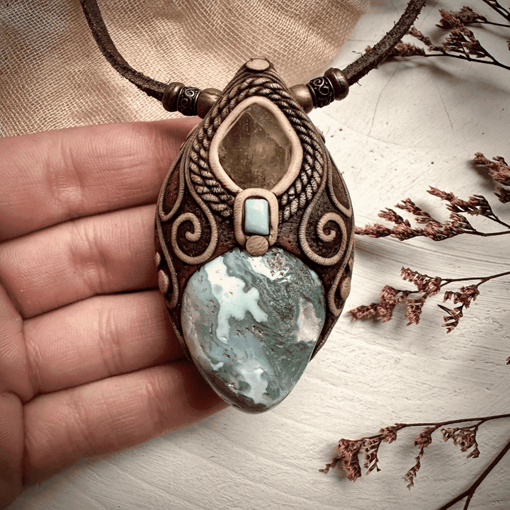 Moss Agate Brazilianite and Tibetan Turquoise Necklace - FairyGardenGlow