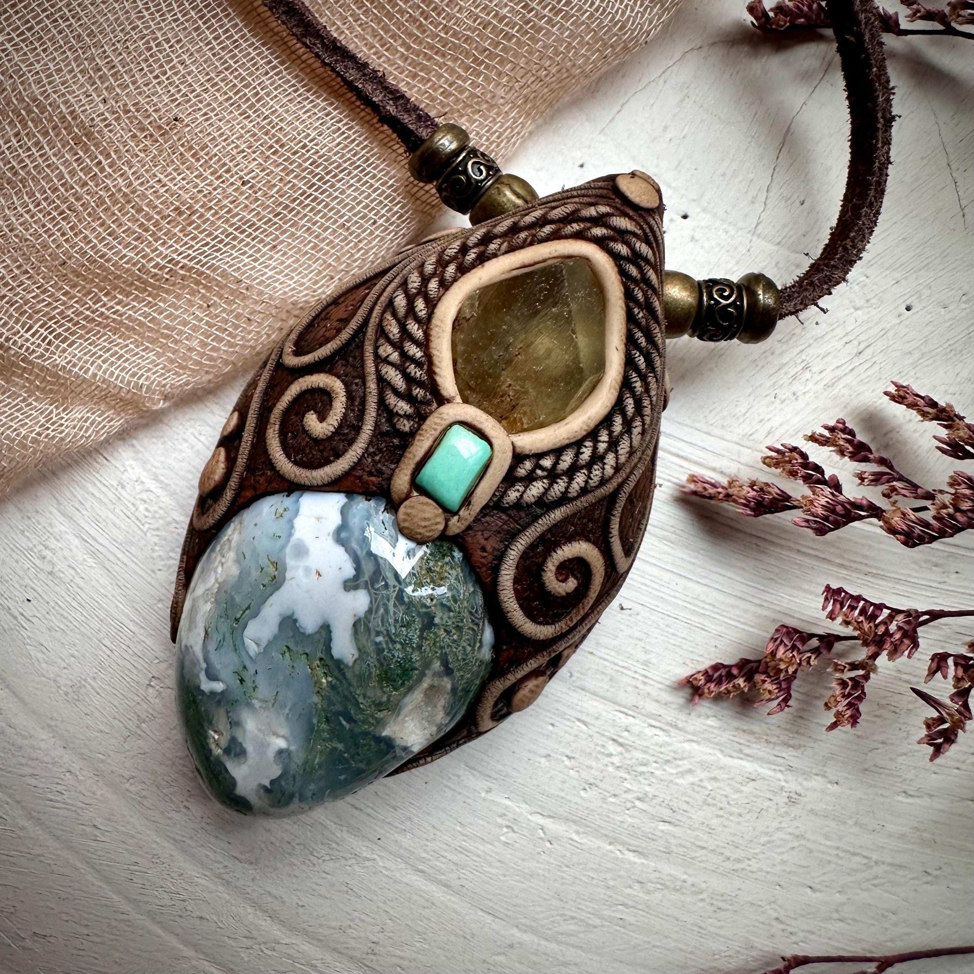 Moss Agate Brazilianite and Tibetan Turquoise Necklace - FairyGardenGlow