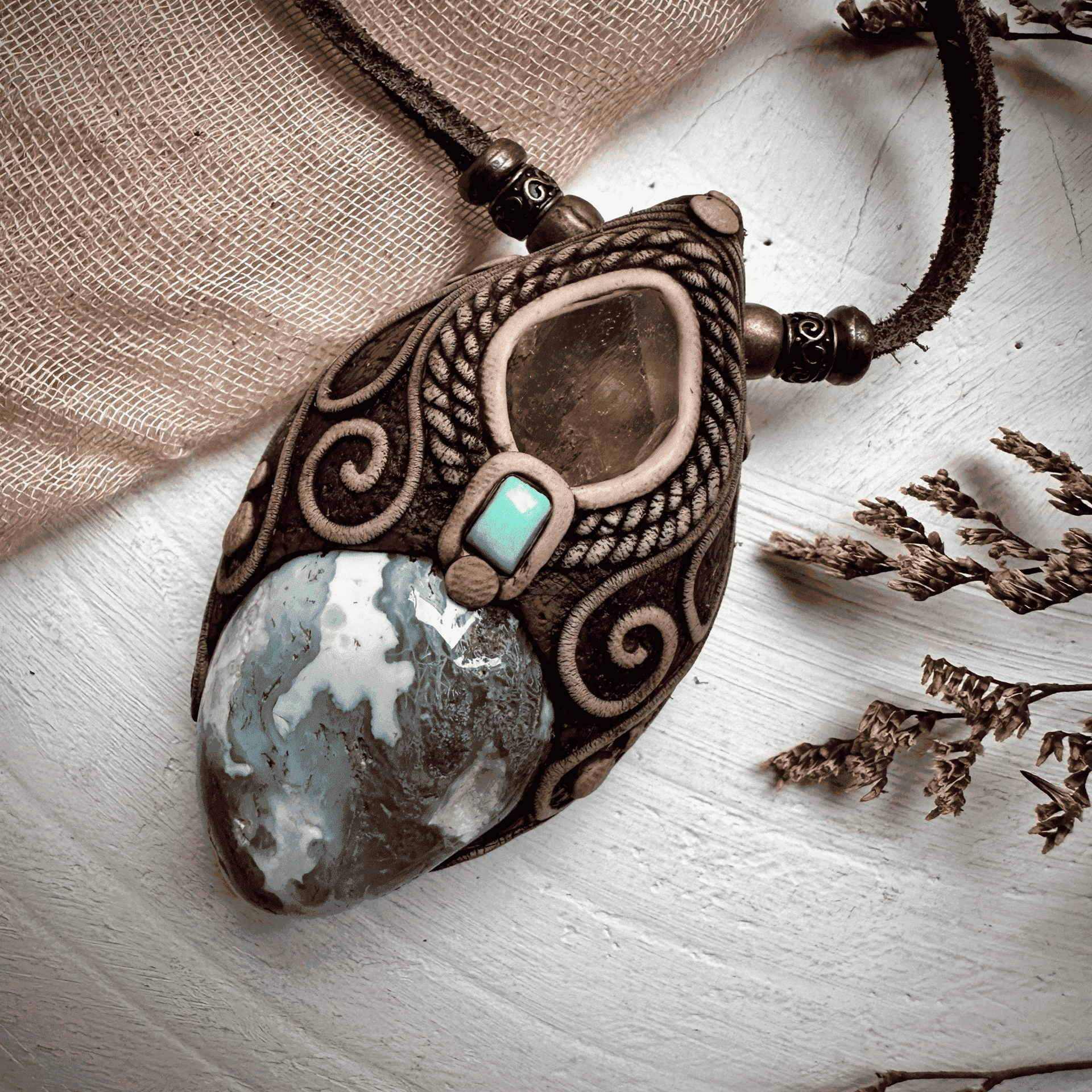 Moss Agate Brazilianite and Tibetan Turquoise Necklace - FairyGardenGlow