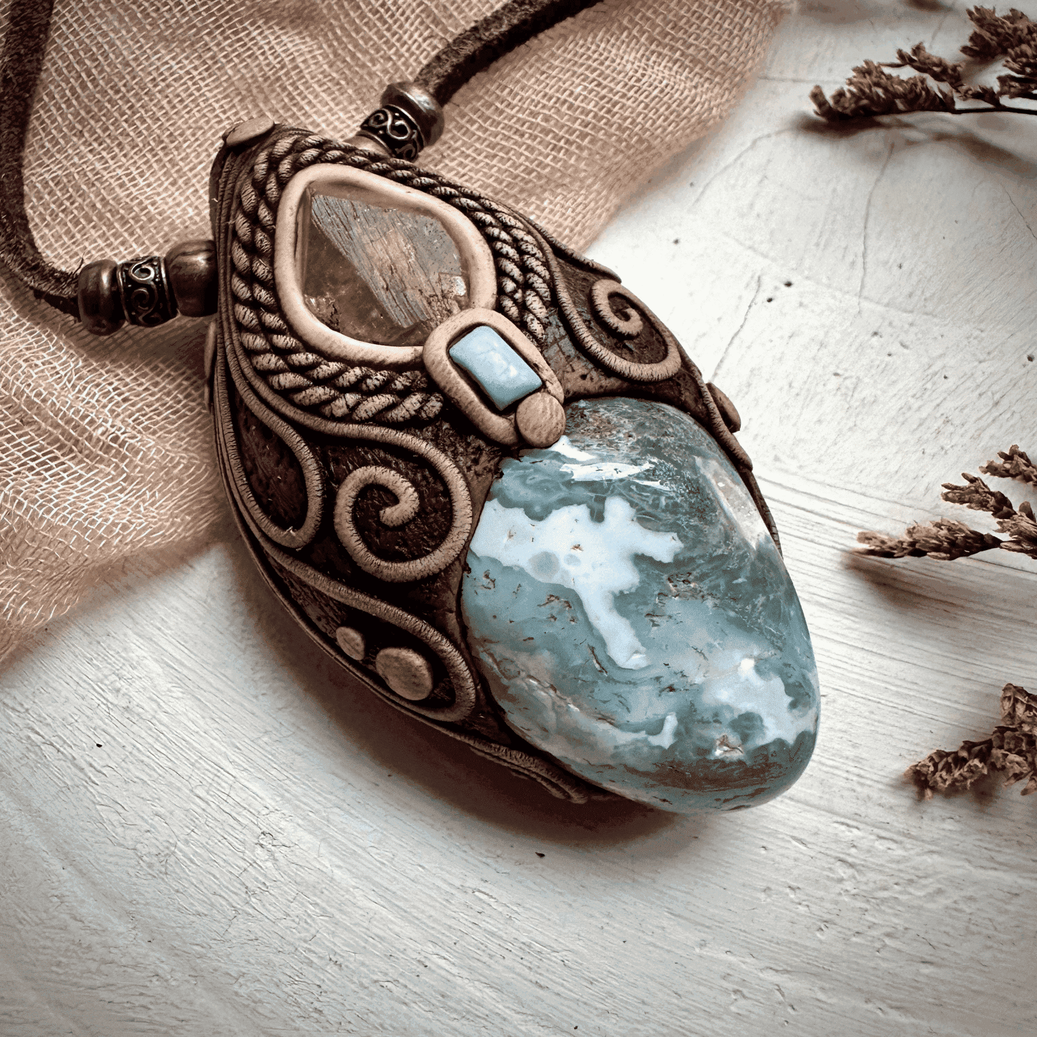 Moss Agate Brazilianite and Tibetan Turquoise Necklace - FairyGardenGlow