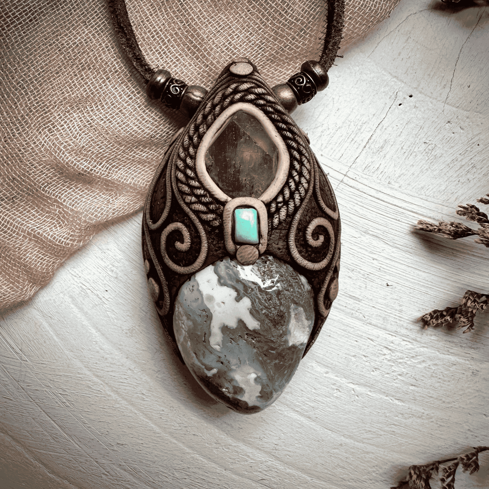 Moss Agate Brazilianite and Tibetan Turquoise Necklace - FairyGardenGlow