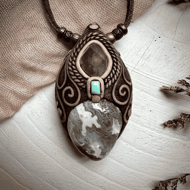 Moss Agate Brazilianite and Tibetan Turquoise Necklace - FairyGardenGlow