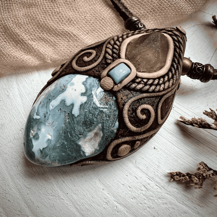 Moss Agate Brazilianite and Tibetan Turquoise Necklace - FairyGardenGlow