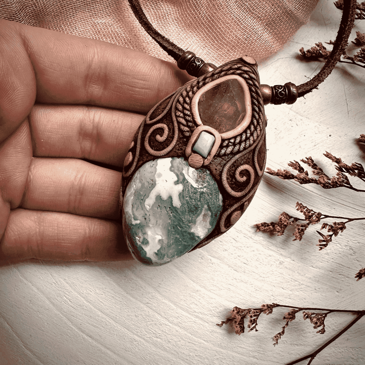 Moss Agate Brazilianite and Tibetan Turquoise Necklace - FairyGardenGlow