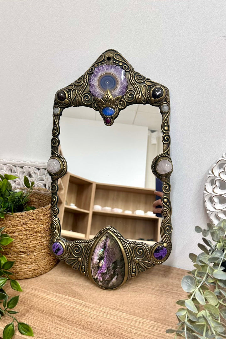 Handmade Amethyst crystal mirror with natural gemstones, one of a kind boho wall art and mystical home decor.