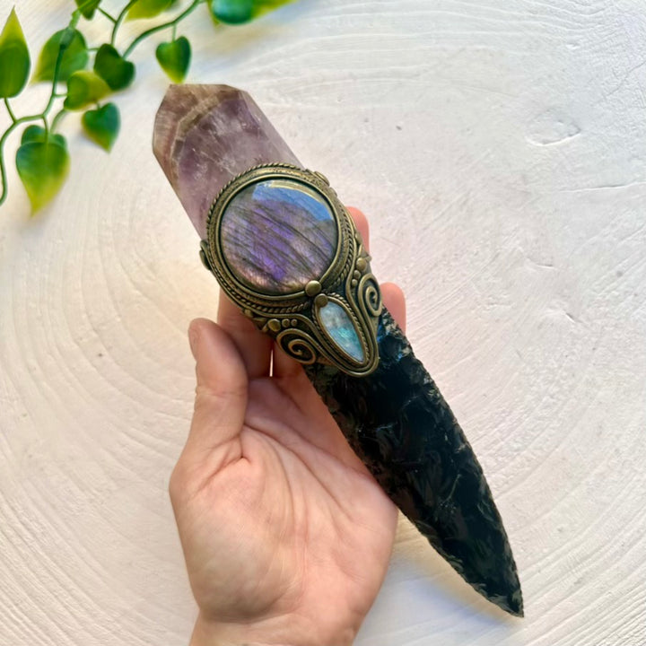 Healing crystal wand featuring Labradorite, Rainbow Moonstone and Super Seven Quartz